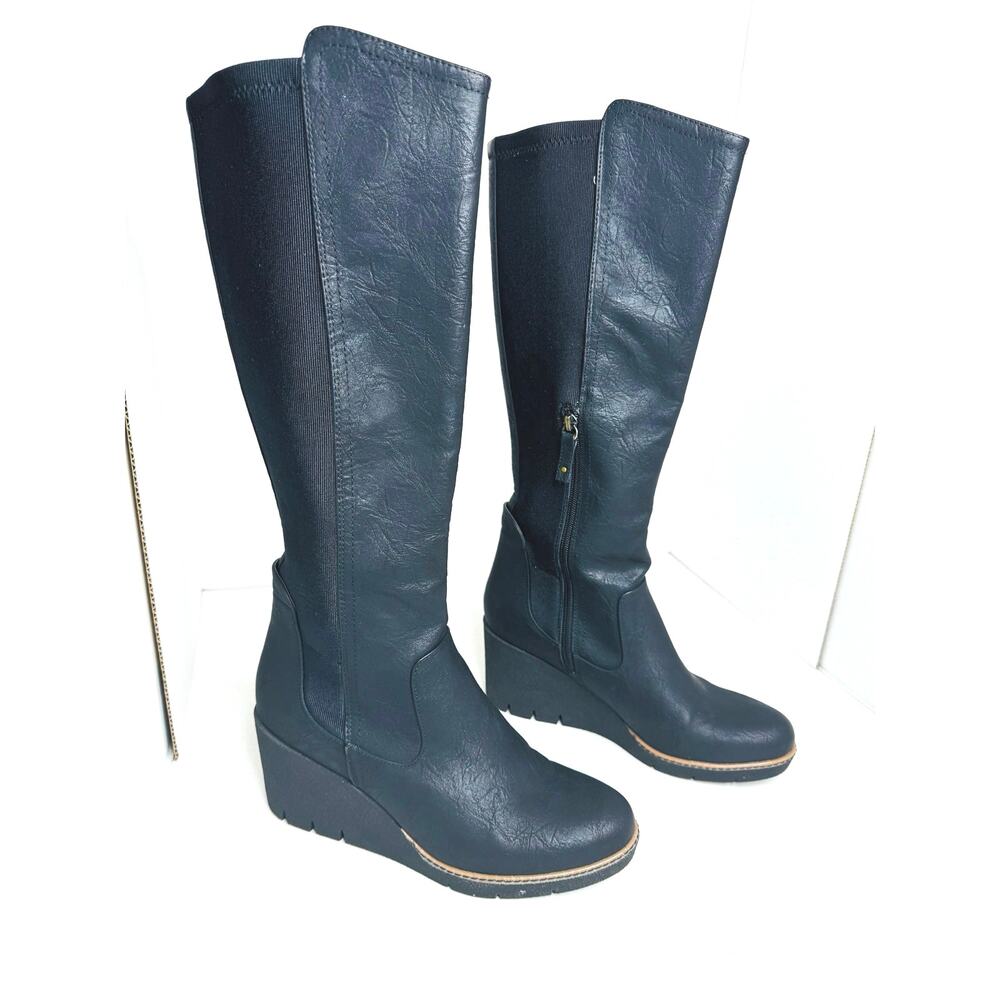 Dr. Scholl’s Lindy Black Wedge Tall Boots Faux Leather Comfort Size 10